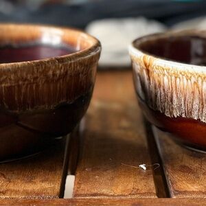Vintage Brown Drip Glaze Stoneware Soup Bowls Set of 2 Rustic Pottery 5.5”